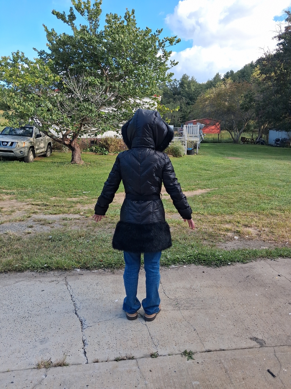 Kids Black Quilted Hooded Coat with Faux Fur Trim